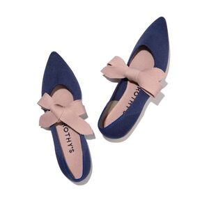 Rothy's Navy Blue Pointed Flats with Blush Pink Bow